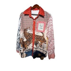 ME369 Isabel Oriental Shirt Large Tiger Leopard Mixed Print Button Up XL